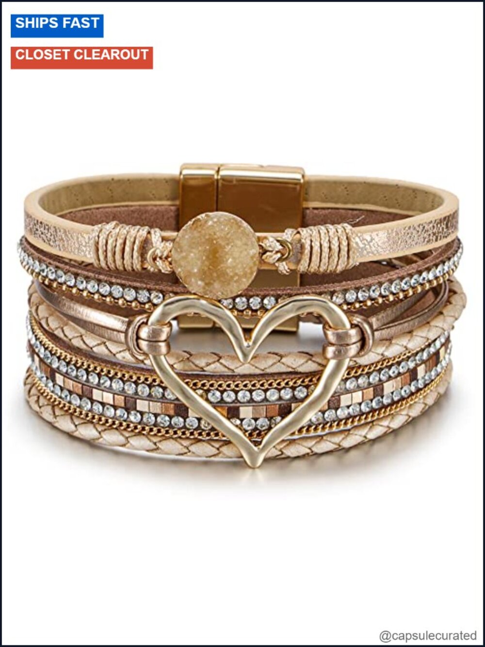 Leather Wrap Bracelet with Heart Charm, Boho Western Layered Cuff Jewelry